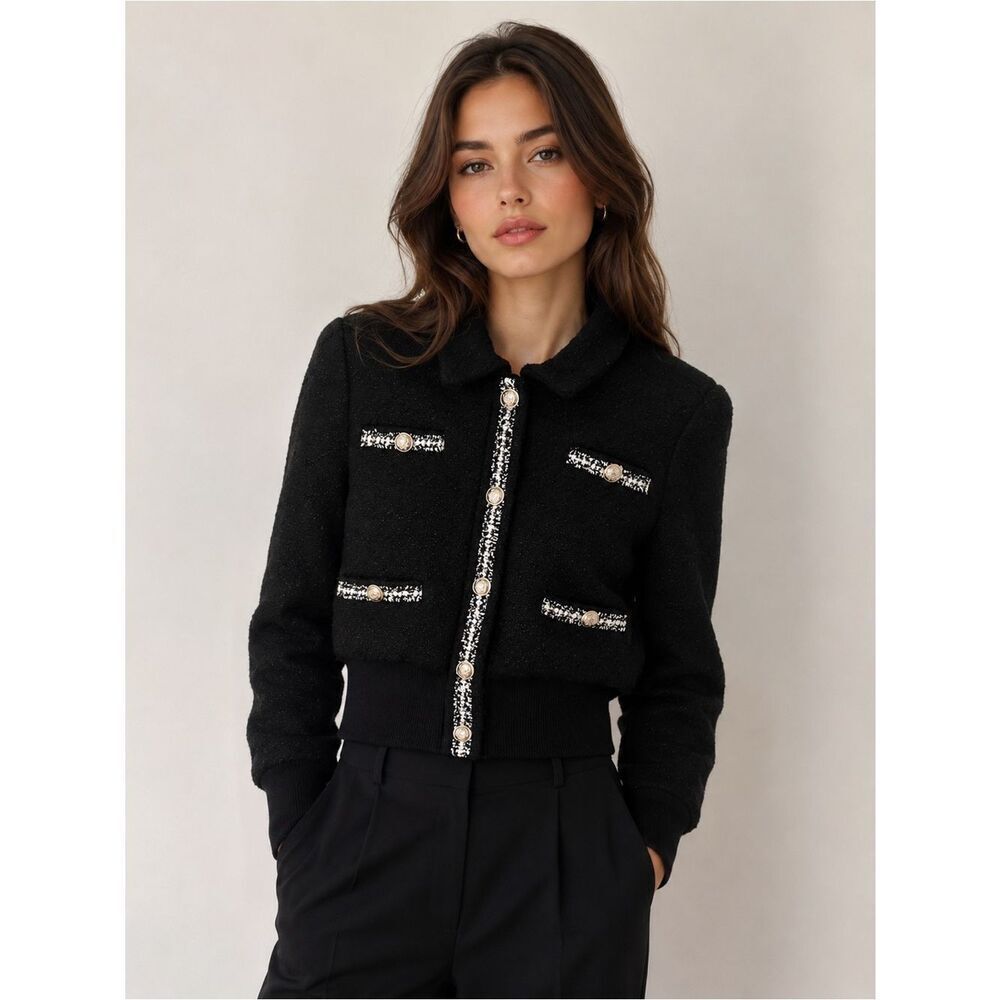 Maje Black Tweed Bomber Jacket with Decorative Trim